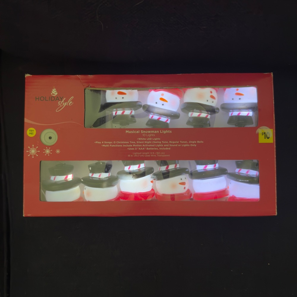 Holiday Style Musical Snowman Lights 10 LED 6ft NIB 2010 White Tested